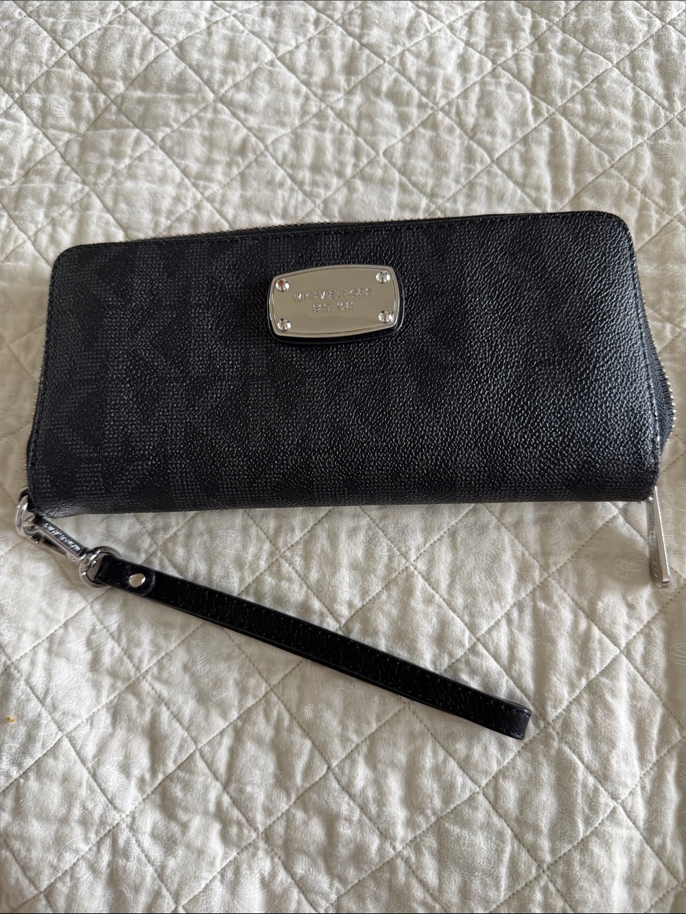 Michael Kors Black Pebbled Leather Wristlet Wallet with Silver Plaque